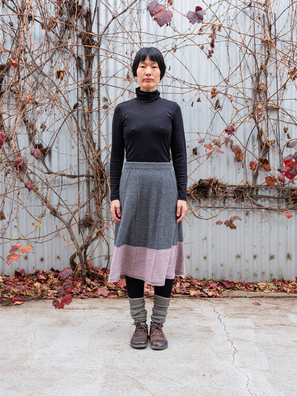 Women's Colourblock Panel Skirt - 100% Baby Alpaca - Grey/Lavender (S-L)