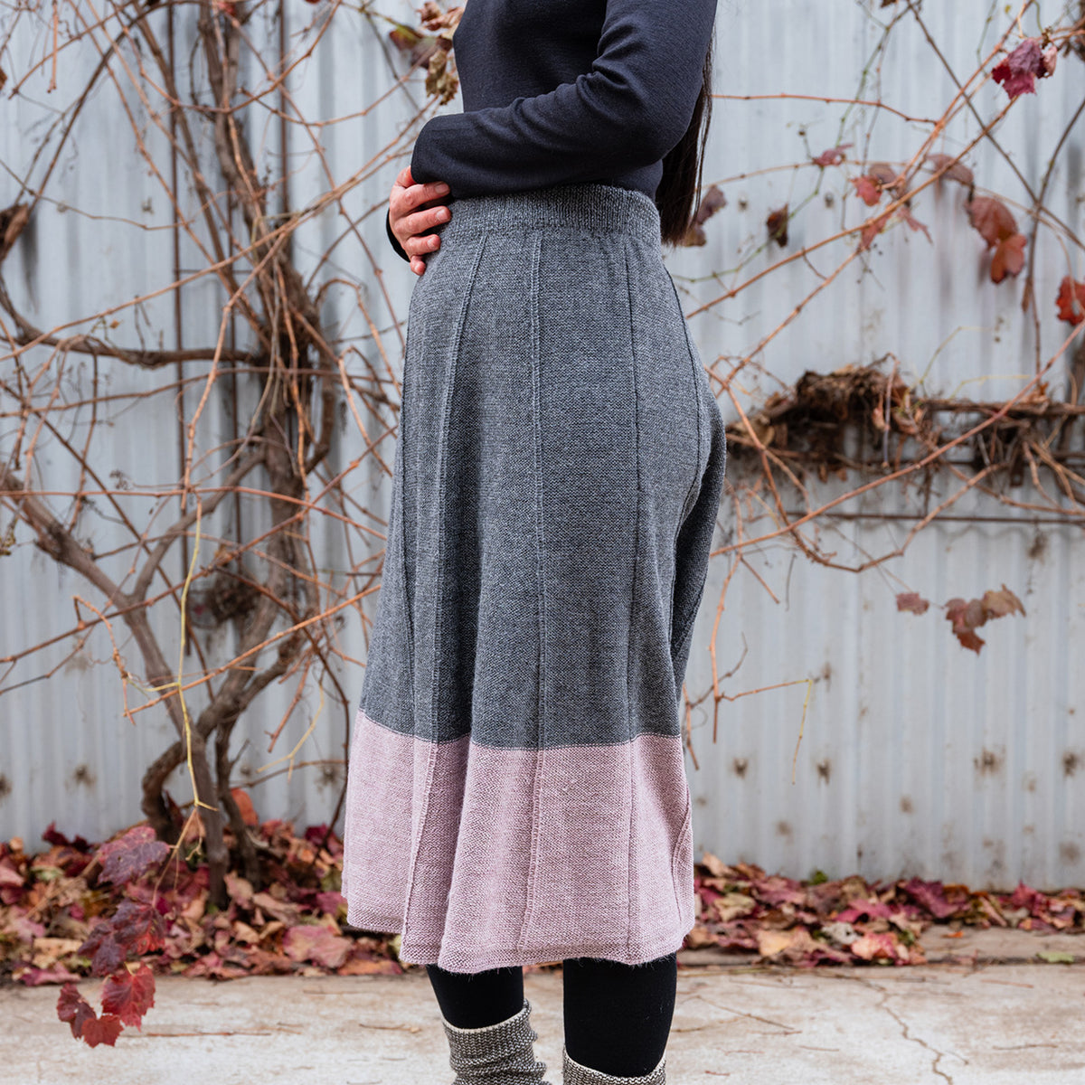 Women's Colourblock Panel Skirt - 100% Baby Alpaca - Grey/Lavender (S-L)