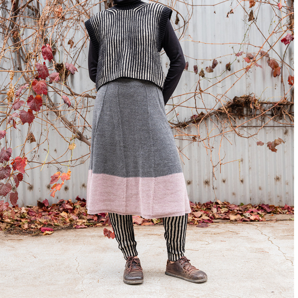 Women's Colourblock Panel Skirt - 100% Baby Alpaca - Grey/Lavender (S-L)