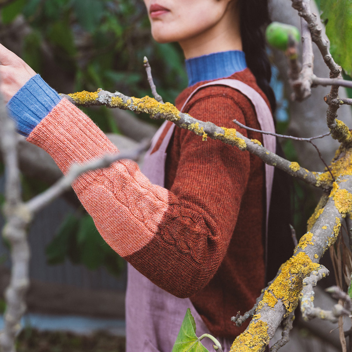 Women's Cable Colour Block Jumper - 100% Baby Alpaca - Rust Melange (S-M)