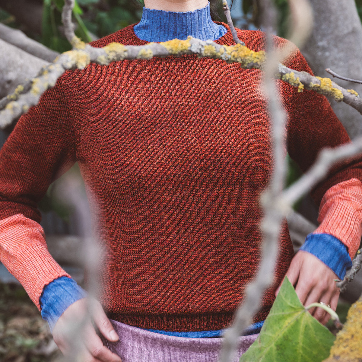 Women's Cable Colour Block Jumper - 100% Baby Alpaca - Rust Melange (S-M)
