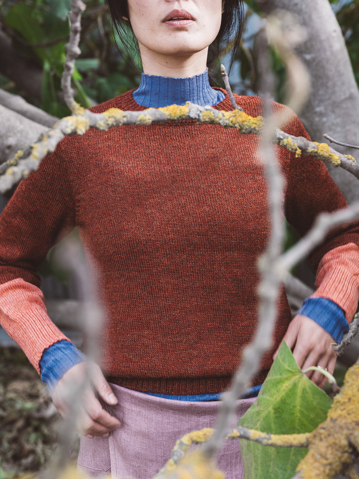 Women's Cable Colour Block Jumper - 100% Baby Alpaca - Rust Melange (S-M)