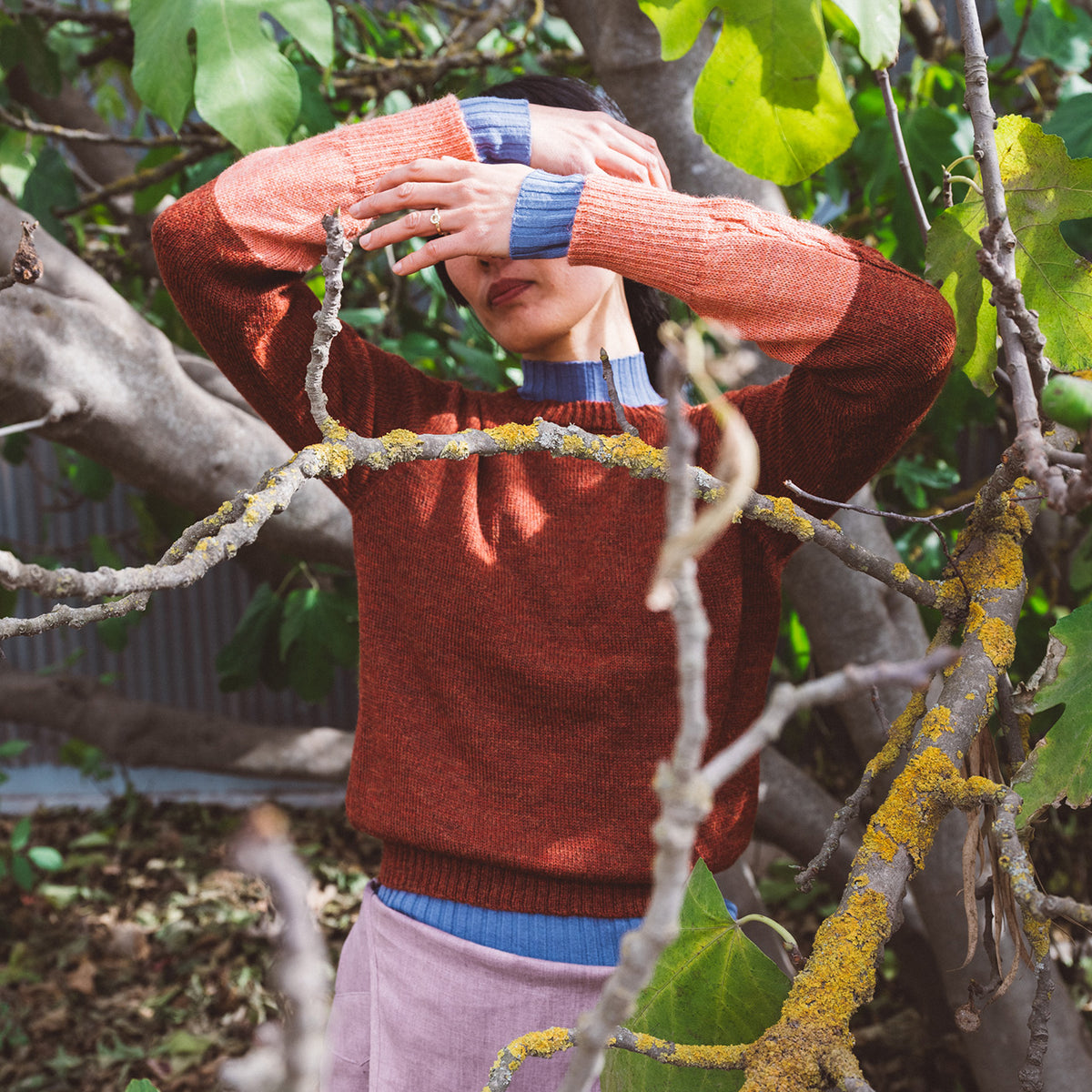 Women's Cable Colour Block Jumper - 100% Baby Alpaca - Rust Melange (S-M)