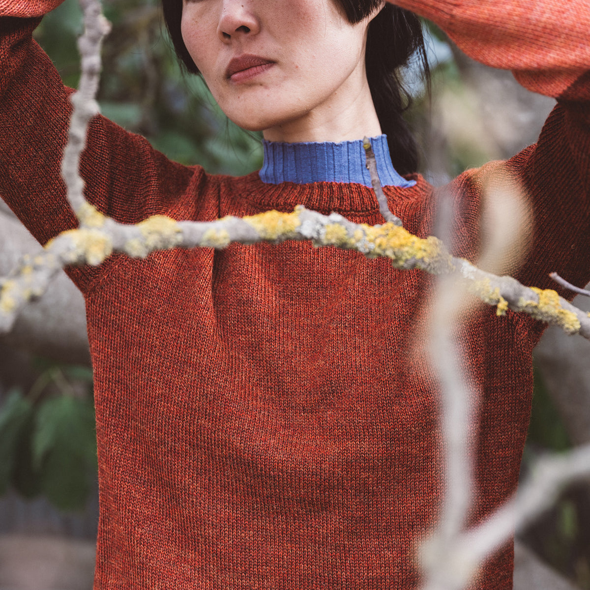 Women's Cable Colour Block Jumper - 100% Baby Alpaca - Rust Melange (S-M)