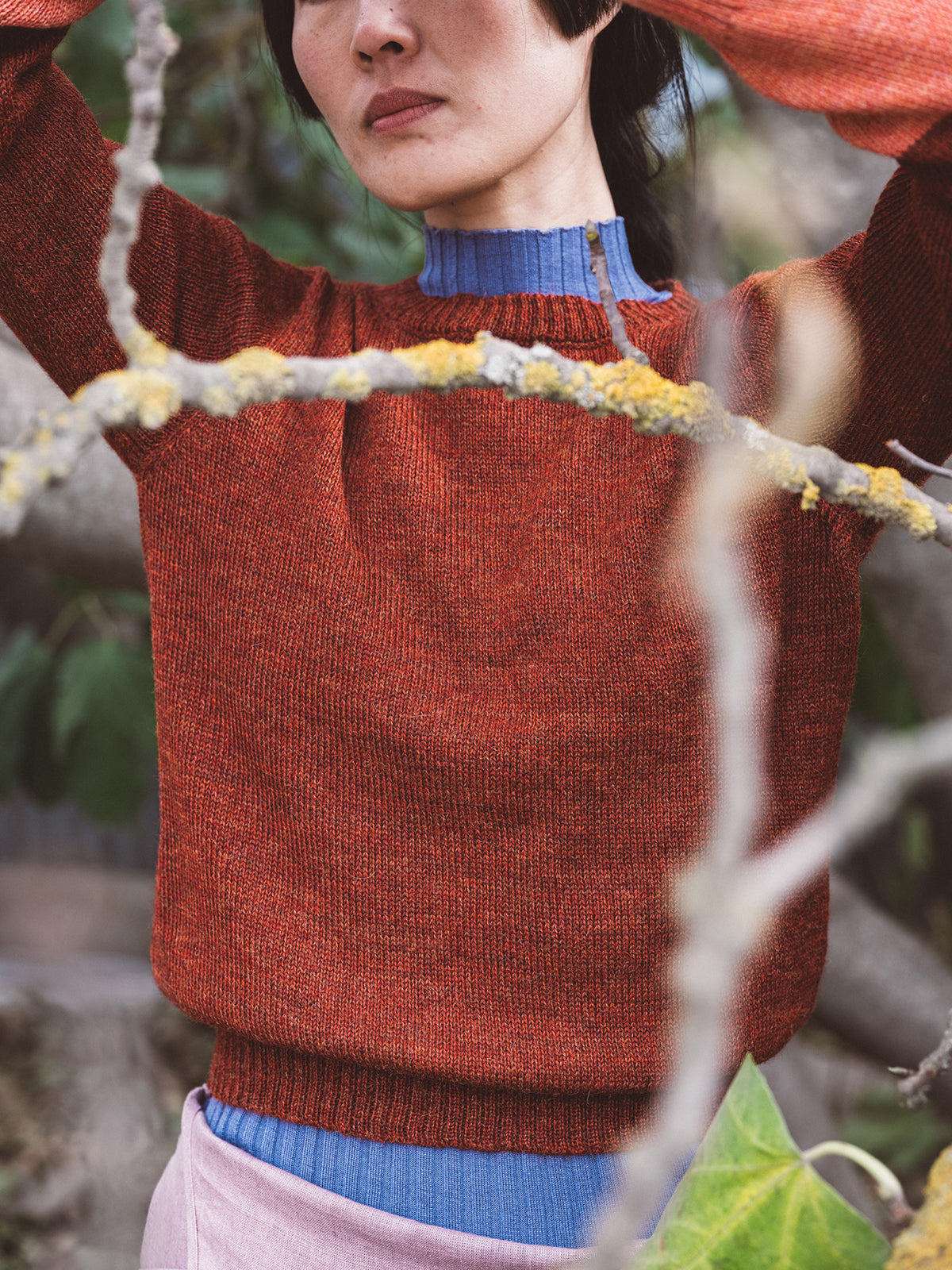 Women's Cable Colour Block Jumper - 100% Baby Alpaca - Rust Melange (S-M)