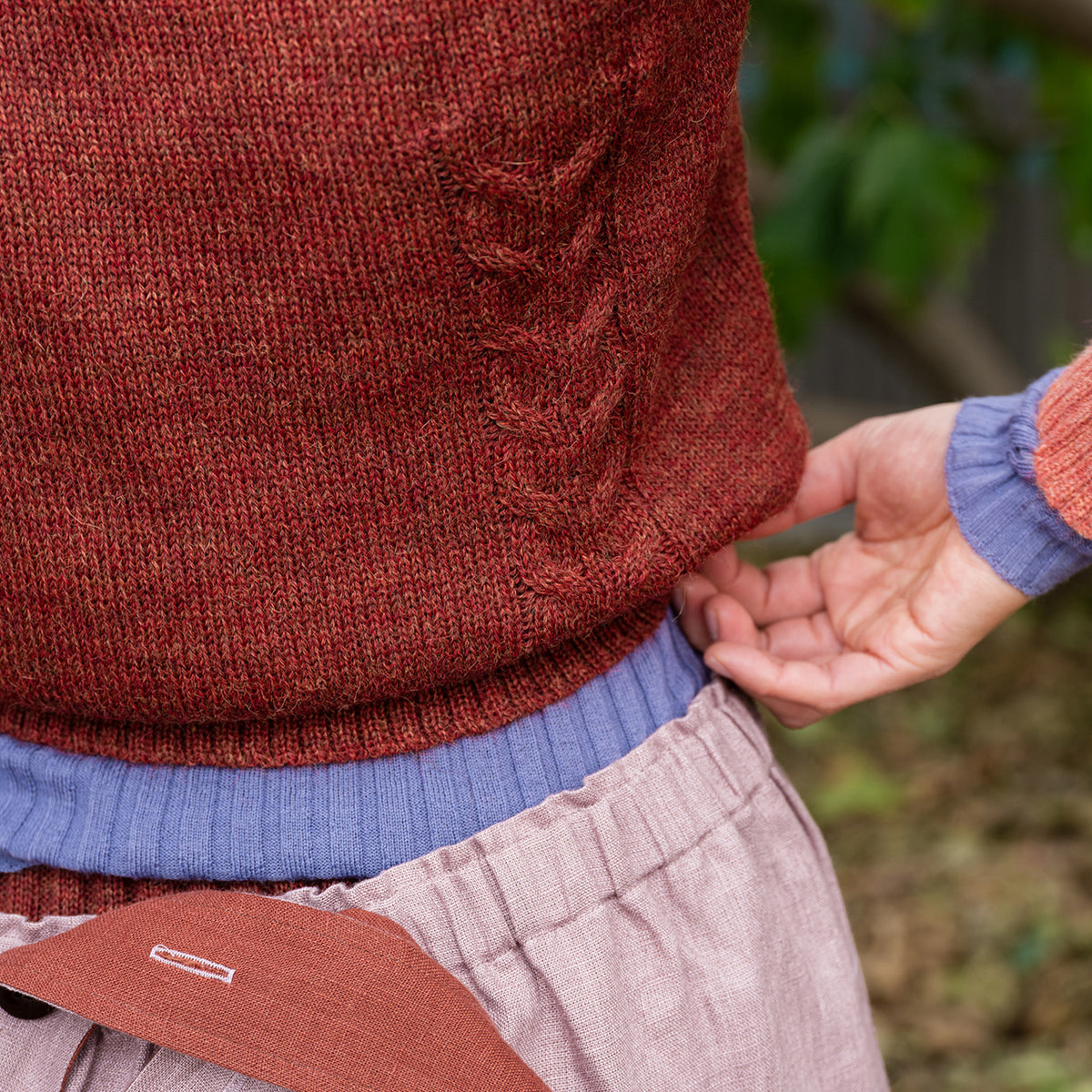 Women's Cable Colour Block Jumper - 100% Baby Alpaca - Rust Melange (S-M)