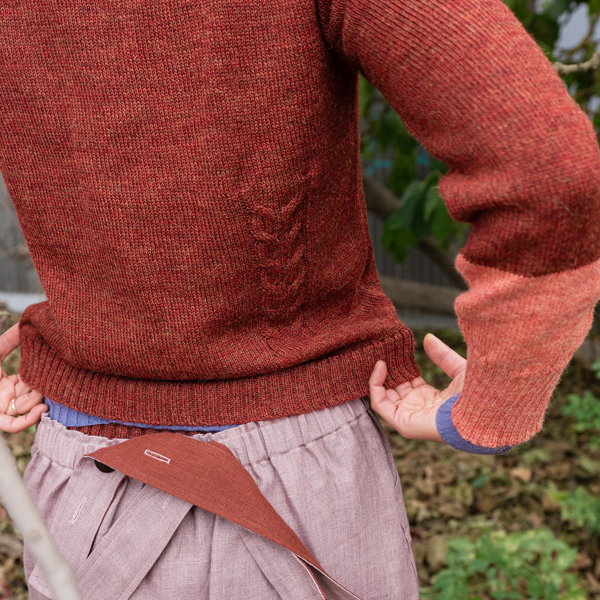 Women's Cable Colour Block Jumper - 100% Baby Alpaca - Rust Melange (S-M)