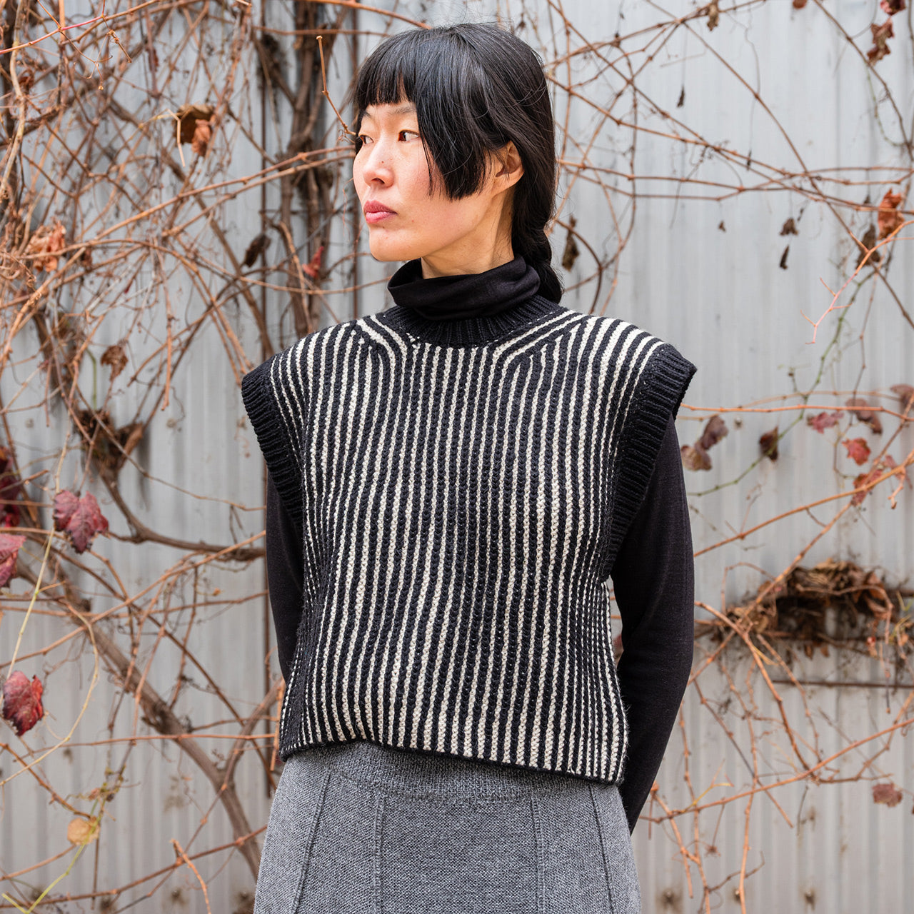 Women's Chunky Brioche Vest - 100% Highland Wool - Black/Ecru (S-L)