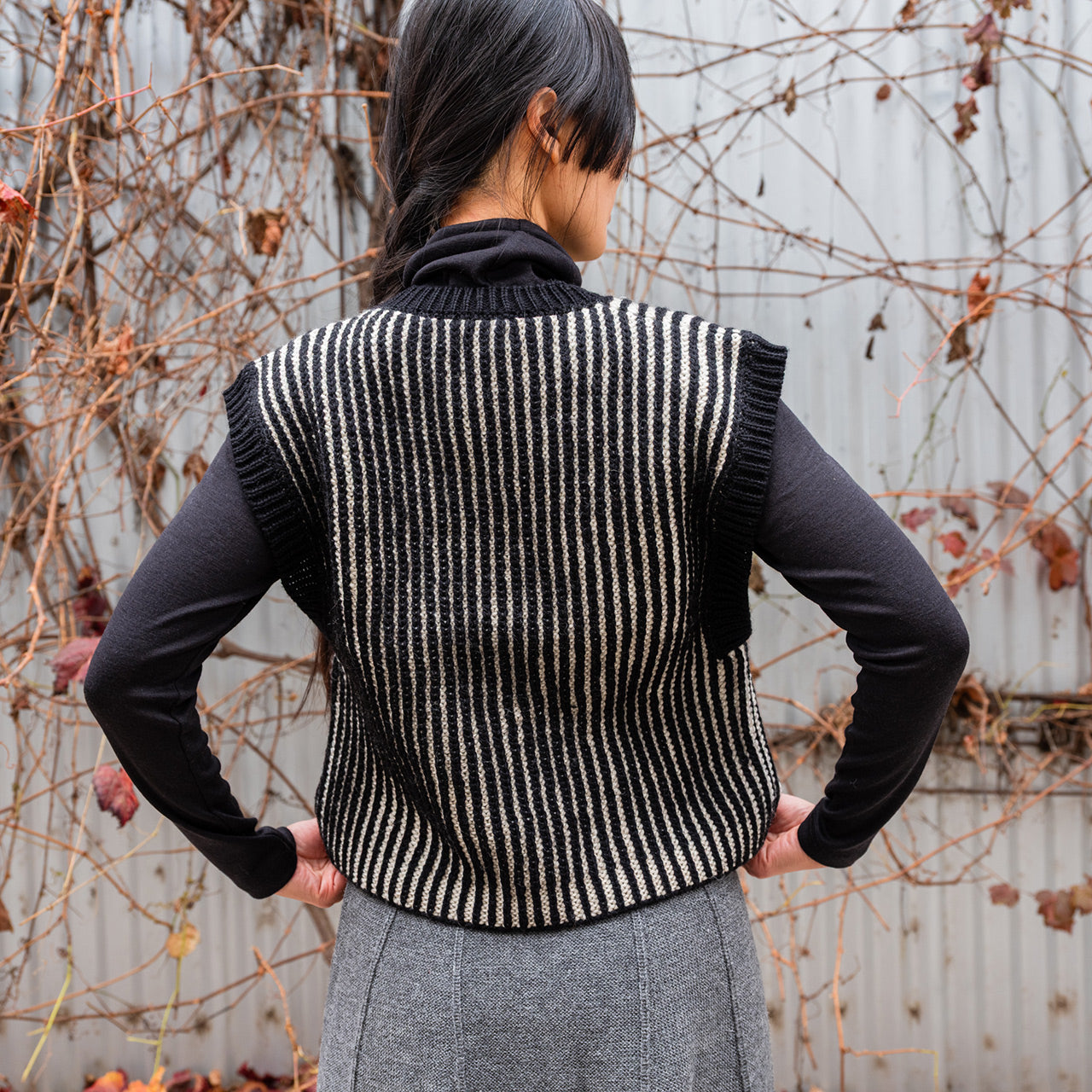 Women's Chunky Brioche Vest - 100% Highland Wool - Black/Ecru (S-L)