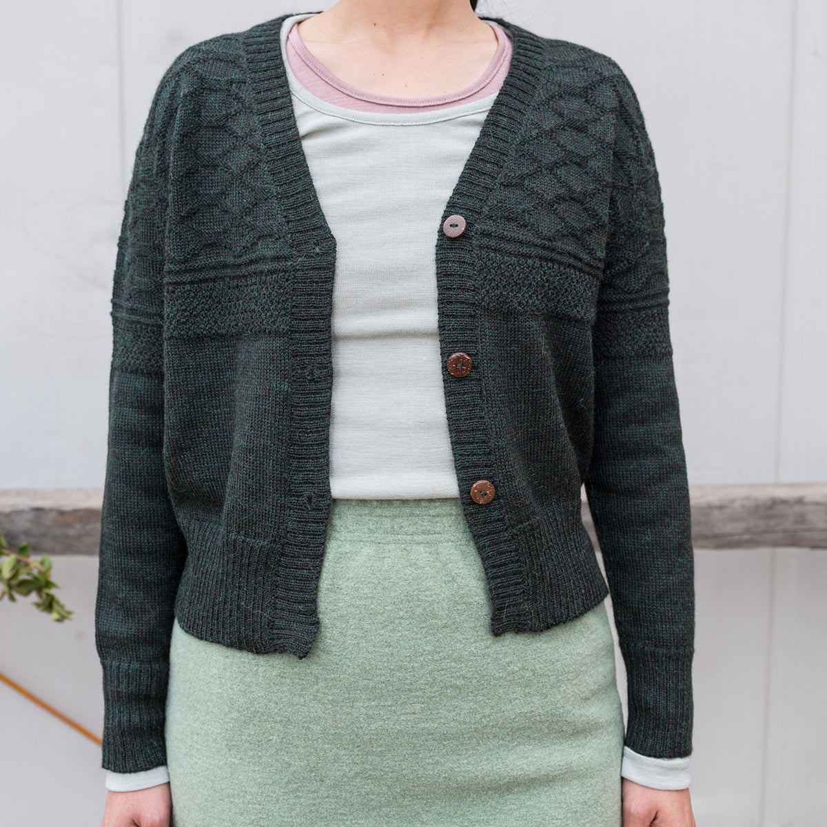 Women's Gansey Cardi - 100% Baby Alpaca - Forest Green Melange (S-L) *Returning 2026