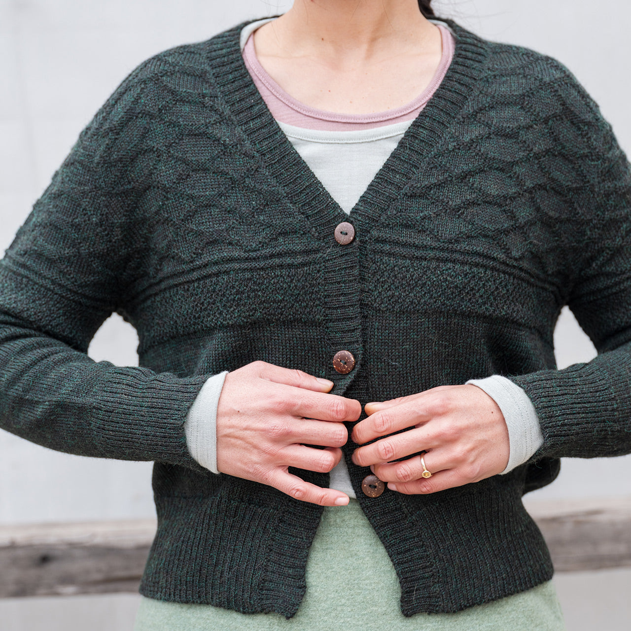 Women's Gansey Cardi - 100% Baby Alpaca - Forest Green Melange (S-L)