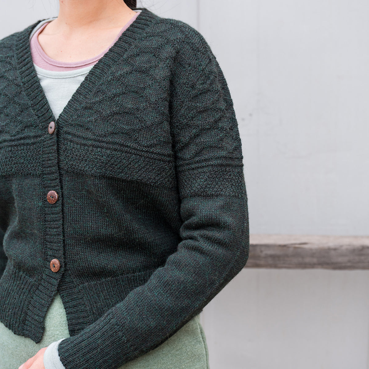 Women's Gansey Cardi - 100% Baby Alpaca - Forest Green Melange (S-L) *Returning 2026