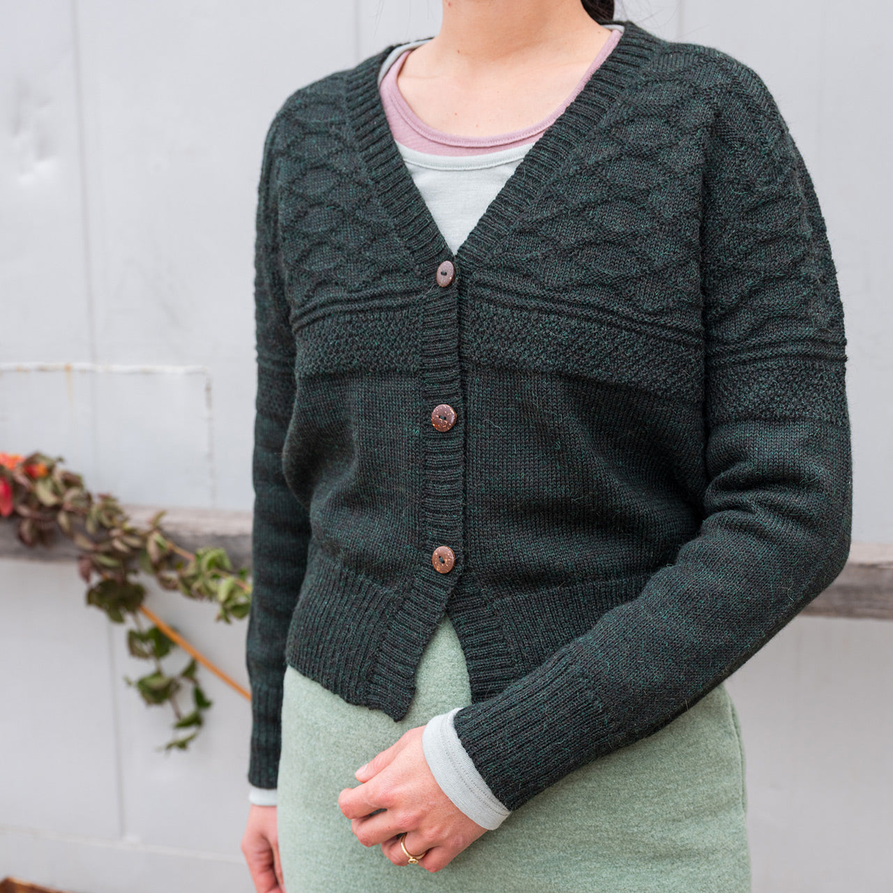Women's Gansey Cardi - 100% Baby Alpaca - Forest Green Melange (S-L)