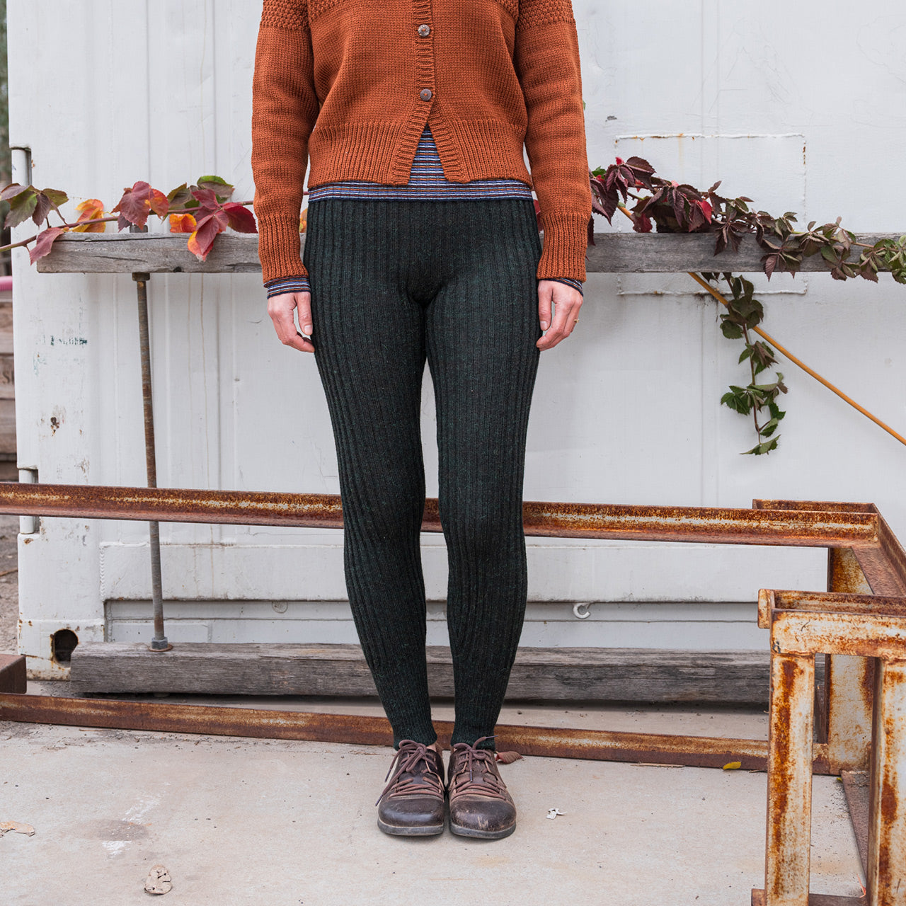 Women's High Waisted Knitted Rib Leggings - 100% Baby Alpaca - Forest Green Melange (S-XL)