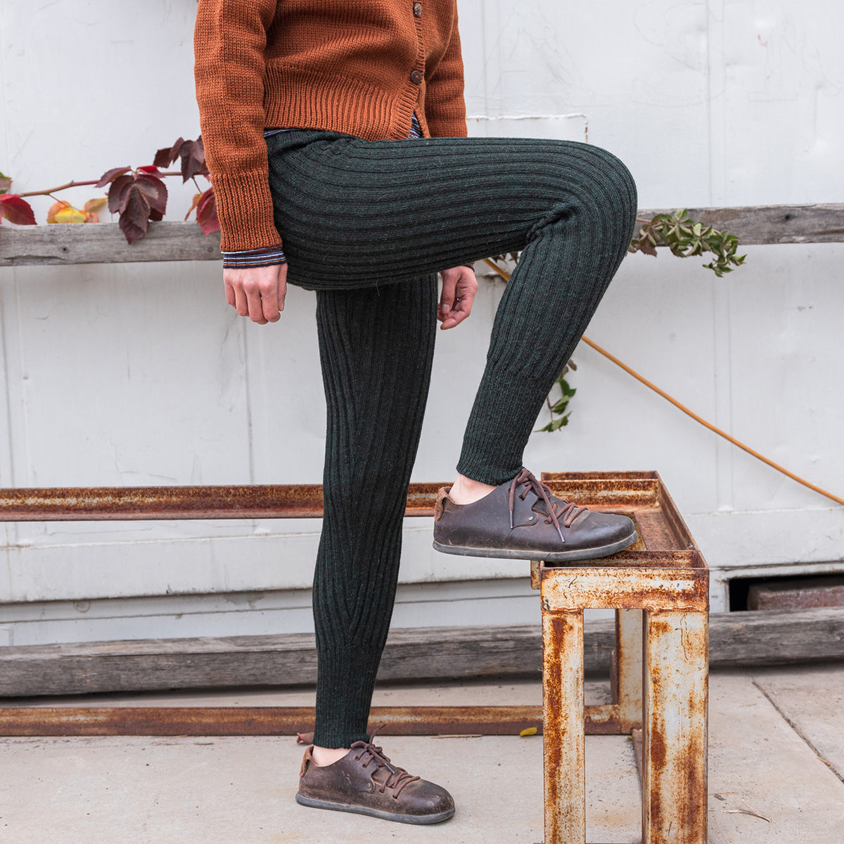 Women's High Waisted Knitted Rib Leggings - 100% Baby Alpaca - Forest Green Melange (S-XL)