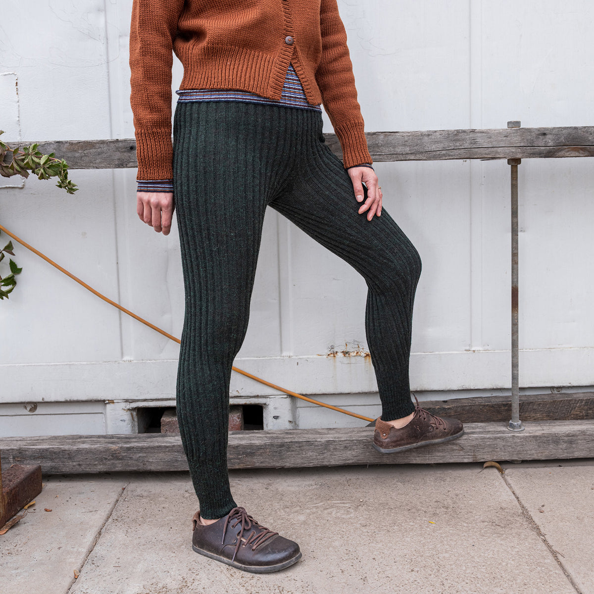 Women's High Waisted Knitted Rib Leggings - 100% Baby Alpaca - Forest Green Melange (S-XL)