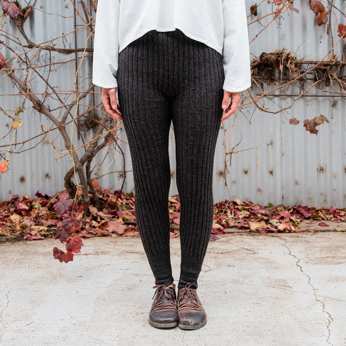 Women's High Waisted Knitted Rib Leggings - 100% Baby Alpaca - Charcoal (S-XL)