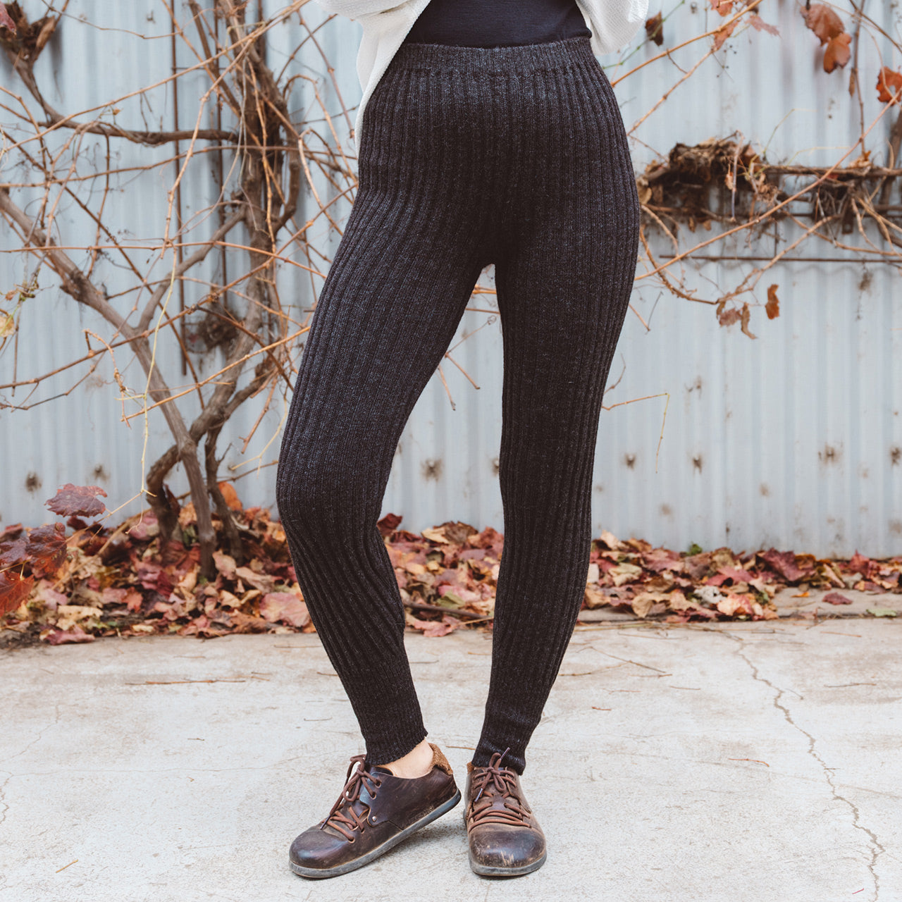 Women's High Waisted Knitted Rib Leggings - 100% Baby Alpaca - Charcoal (S-XL)