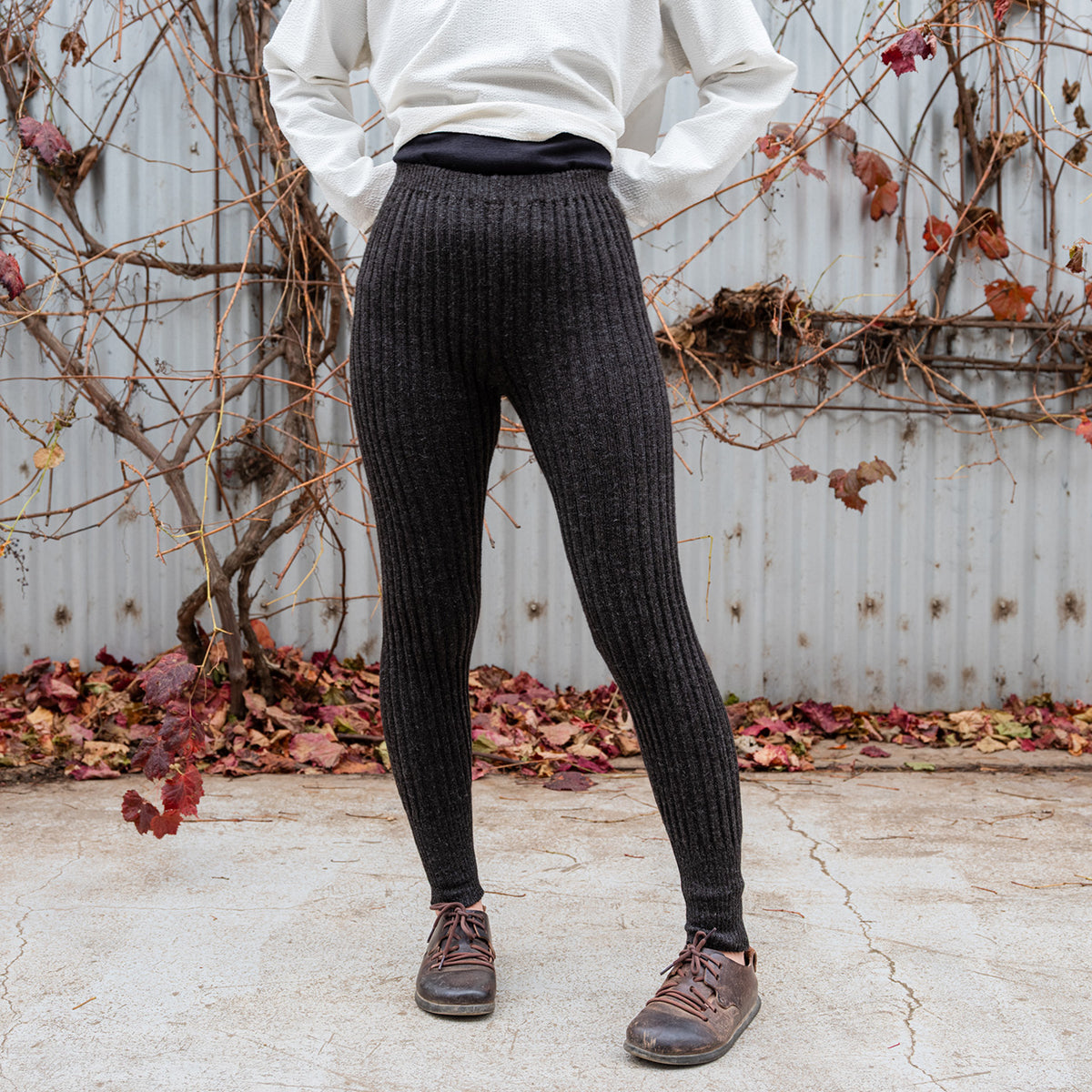 Women's High Waisted Knitted Rib Leggings - 100% Baby Alpaca - Charcoal (S-XL)