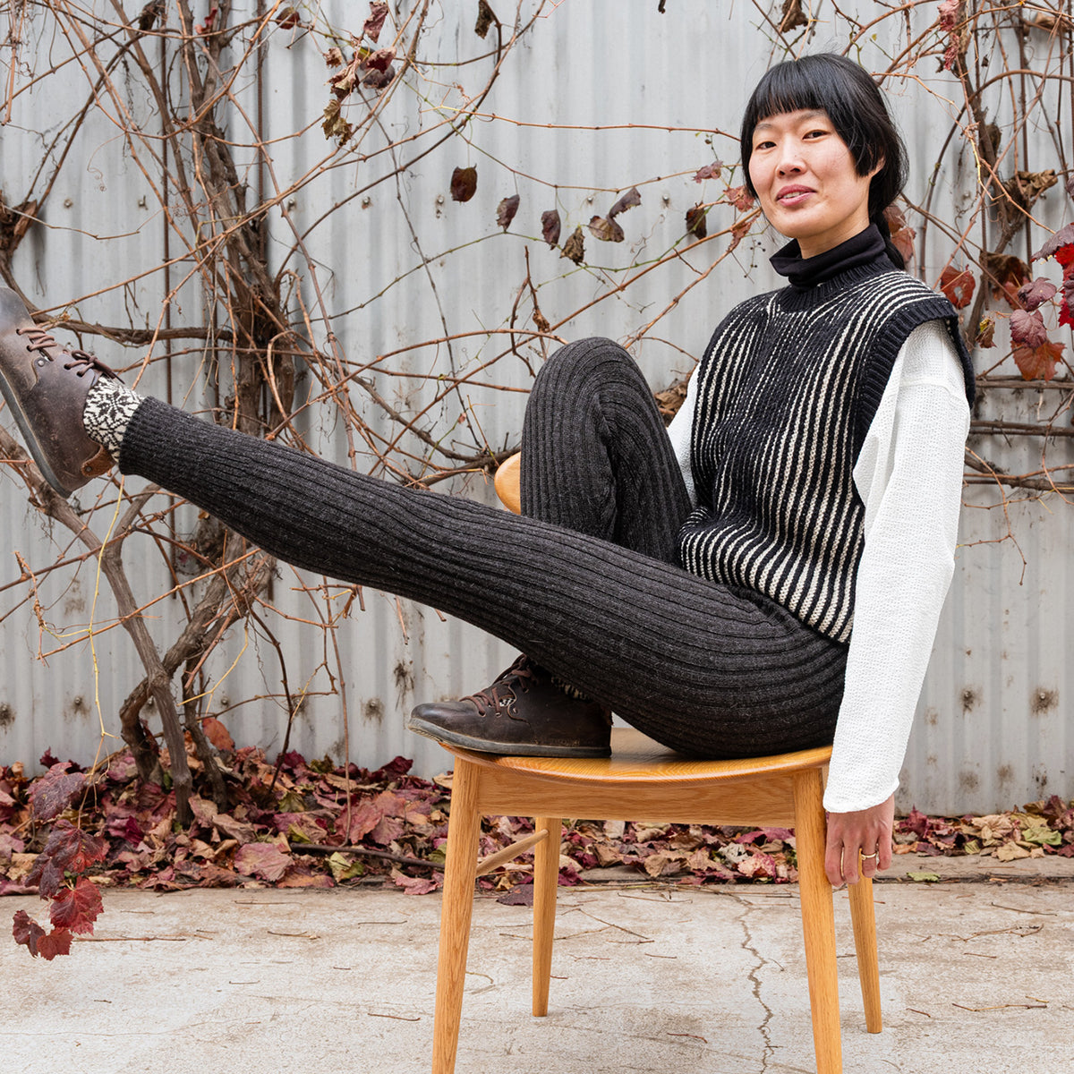 Women's High Waisted Knitted Rib Leggings - 100% Baby Alpaca - Charcoal (S-XL)