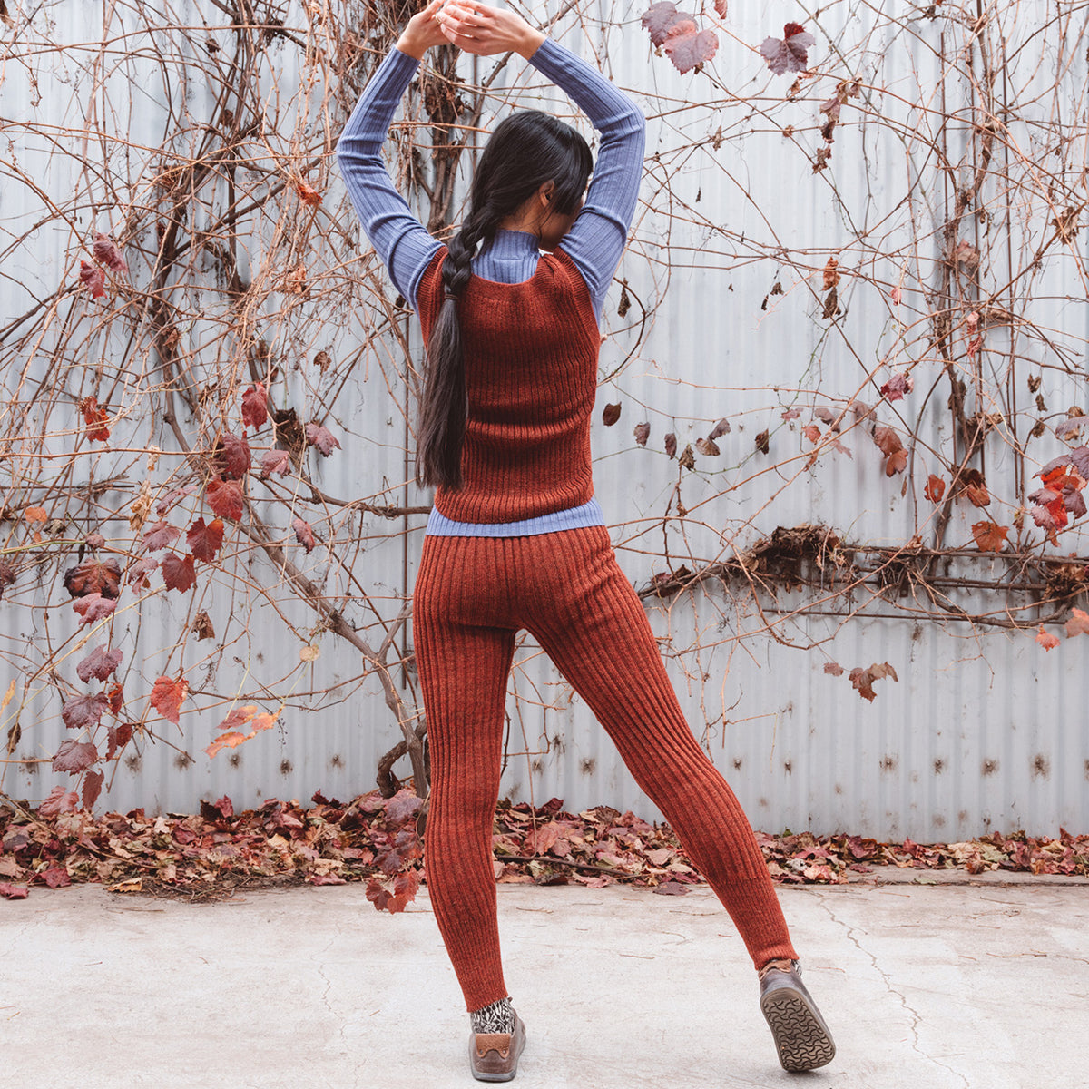 Women's High Waisted Knitted Rib Leggings - 100% Baby Alpaca - Rust Melange (S-XL)