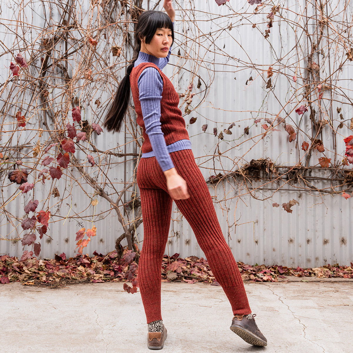 Women's High Waisted Knitted Rib Leggings - 100% Baby Alpaca - Rust Melange (S-XL)