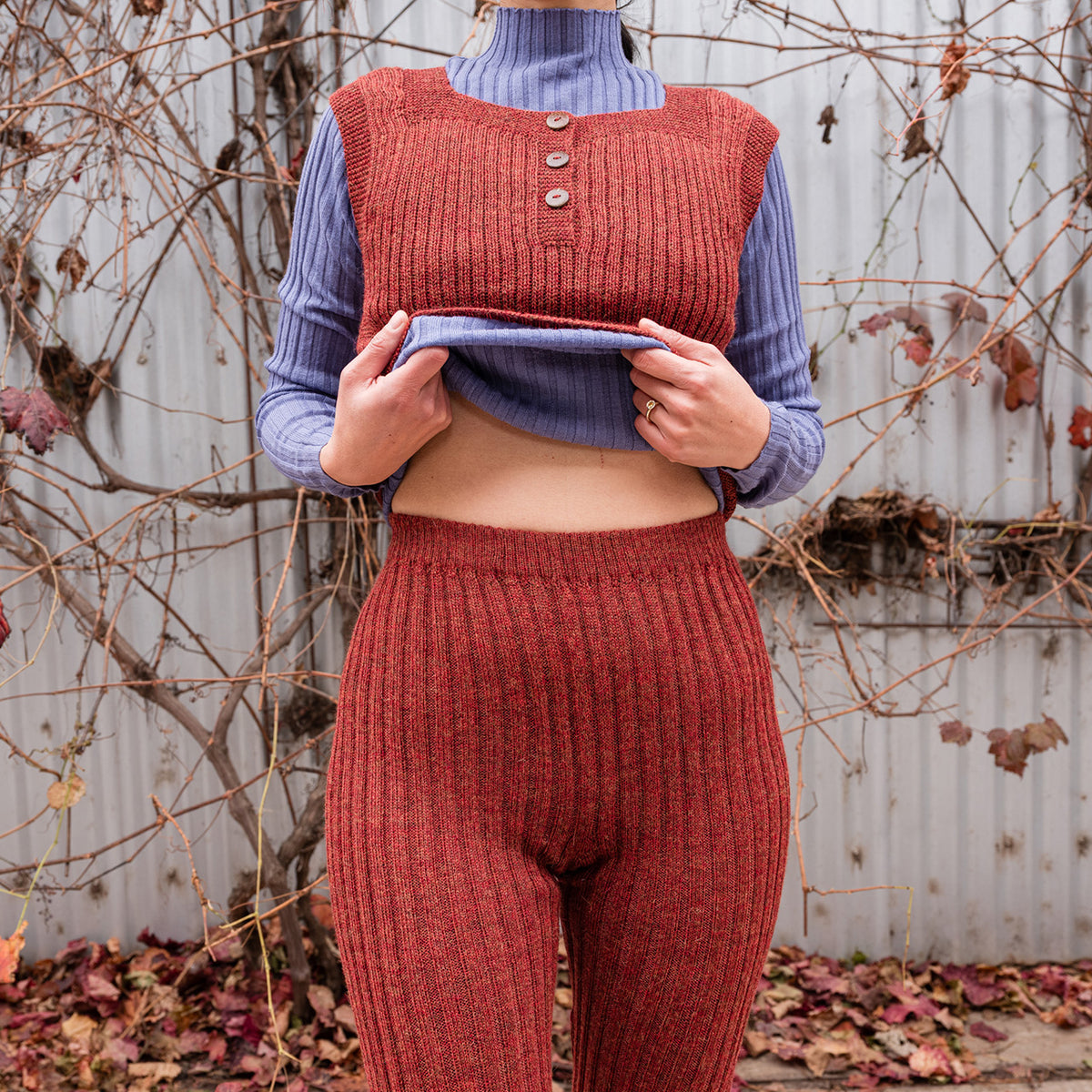 Women's High Waisted Knitted Rib Leggings - 100% Baby Alpaca - Rust Melange (S-XL)