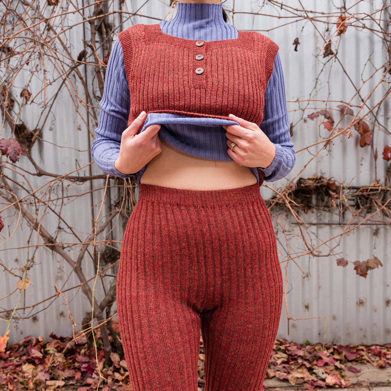 Women's High Waisted Knitted Rib Leggings - 100% Baby Alpaca - Rust Melange (S-XL)