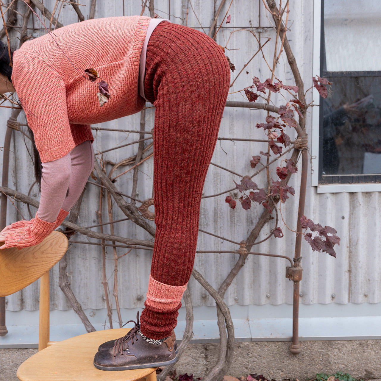 Women's High Waisted Knitted Rib Leggings - 100% Baby Alpaca - Rust Melange (S-XL)