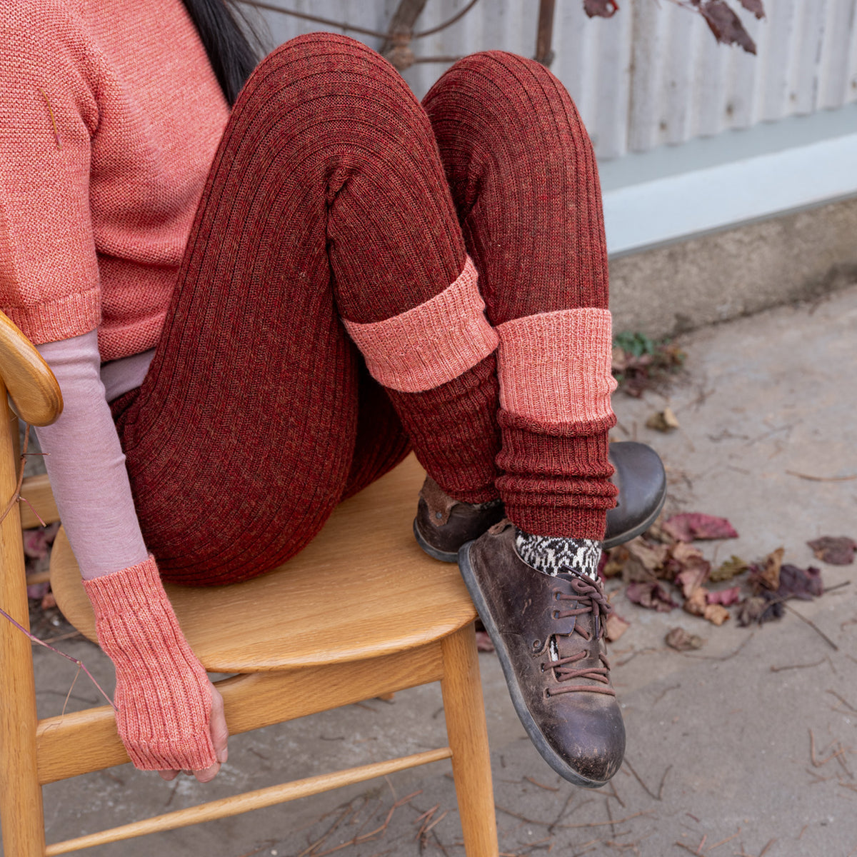 Women's High Waisted Knitted Rib Leggings - 100% Baby Alpaca - Rust Melange (S-XL)
