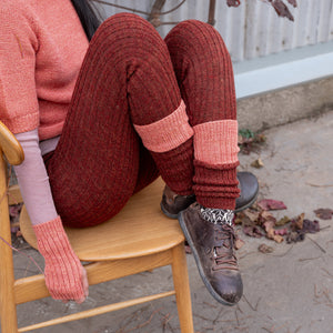 Women's High Waisted Knitted Rib Leggings - 100% Baby Alpaca - Rust Melange (S-XL)