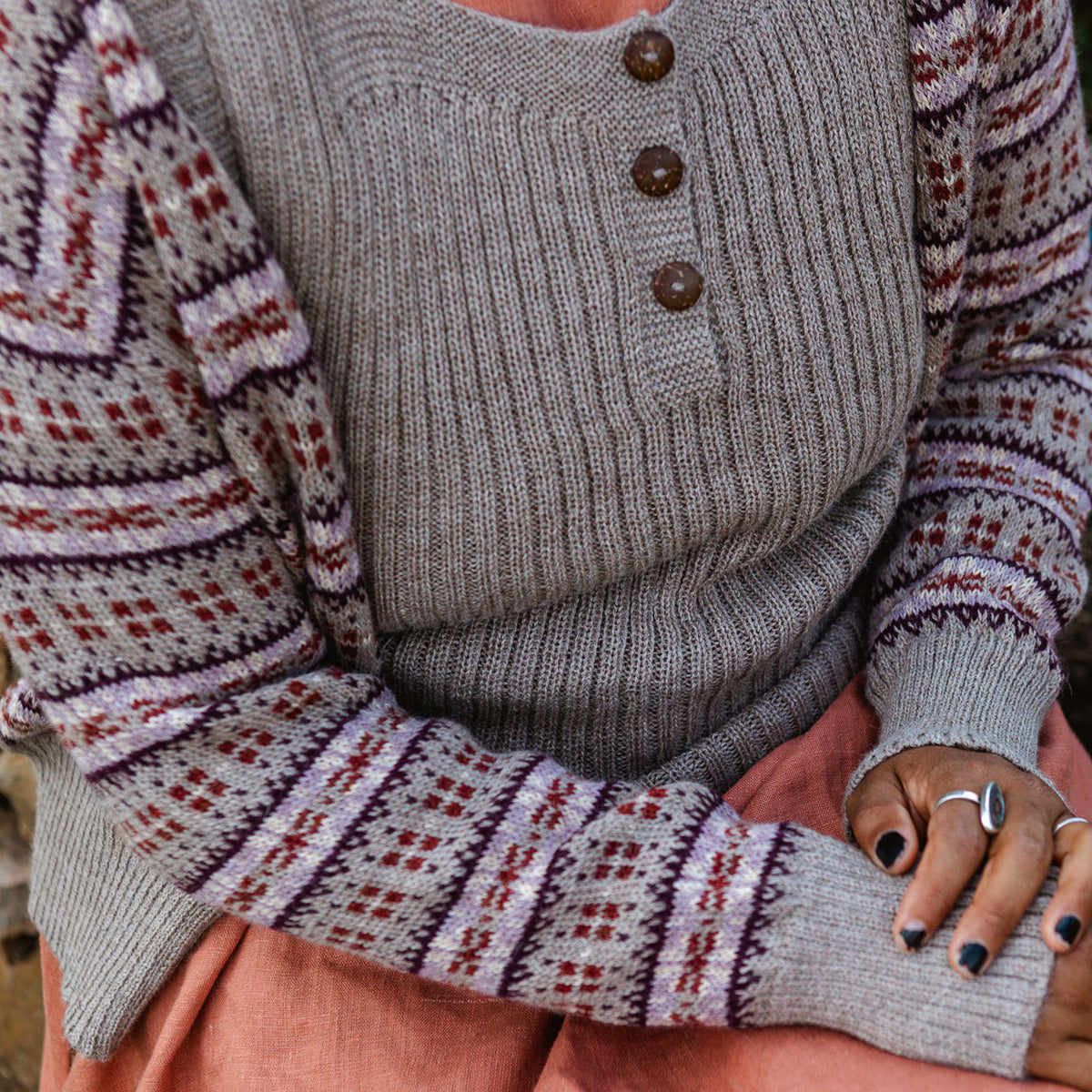 Women's Fairisle Vintage Cardi - 100% Baby Alpaca - Light Brown/Rust (S-L)