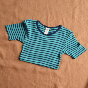 Child's Merino/Silk T-Shirt - Ice blue/Navy Stripe (9-10y) *PRE-LOVED