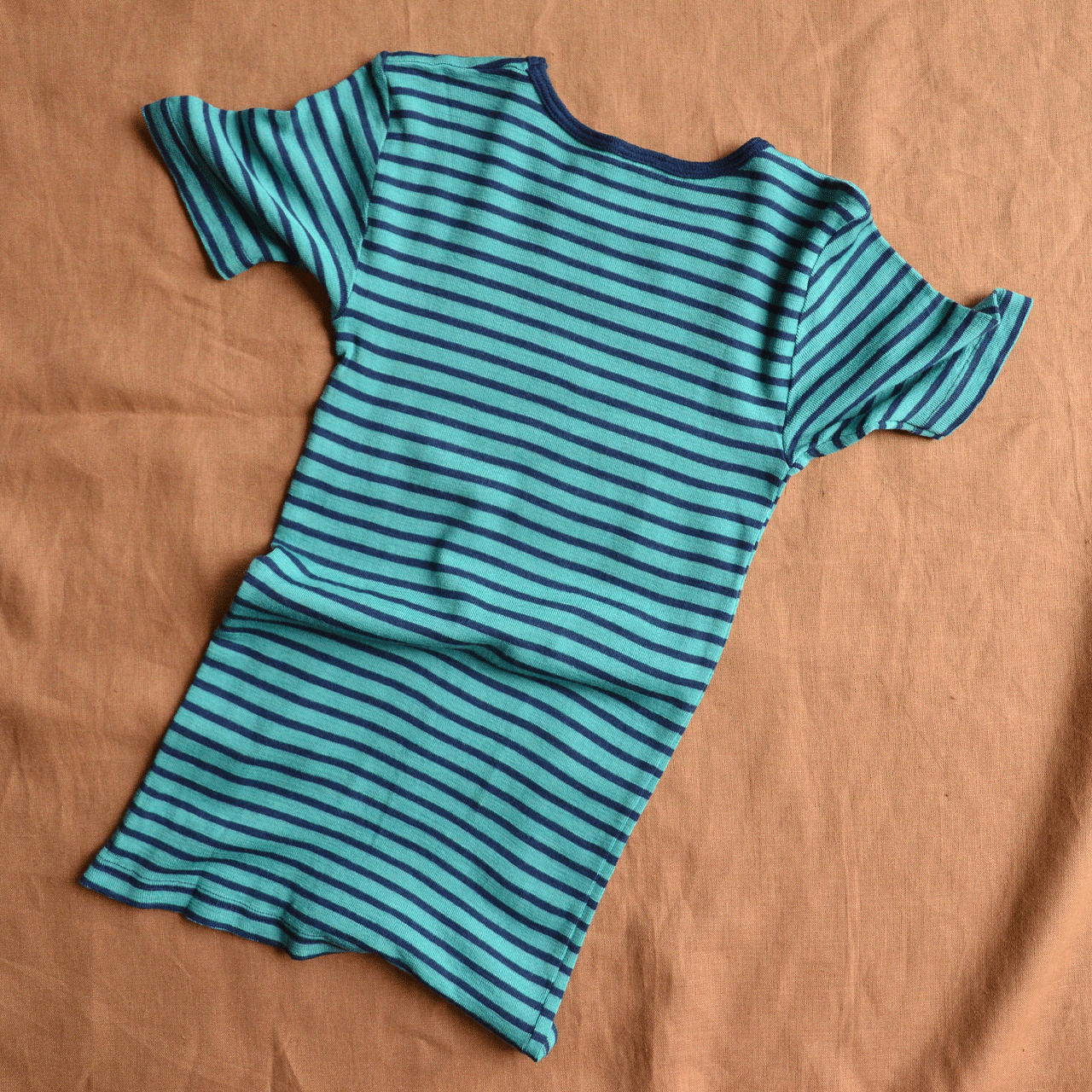 Child's Merino/Silk T-Shirt - Ice blue/Navy Stripe (9-10y) *PRE-LOVED