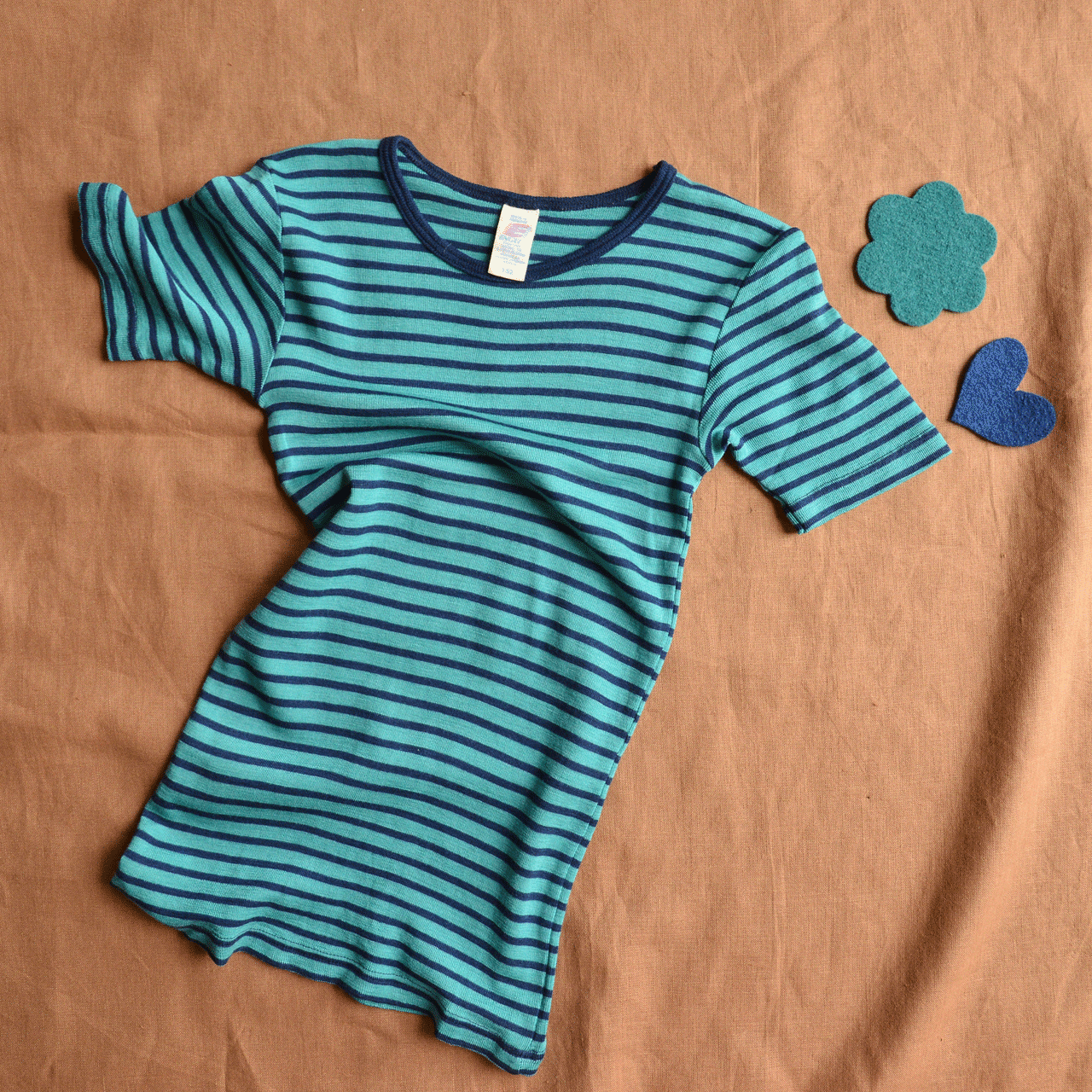 Child's Merino/Silk T-Shirt - Ice blue/Navy Stripe (9-10y) *PRE-LOVED