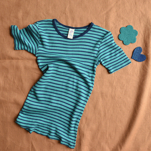 Child's Merino/Silk T-Shirt - Ice blue/Navy Stripe (9-10y) *PRE-LOVED