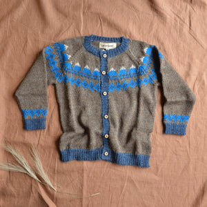 FairIsle Mountain Cardigan - 100% Baby Alpaca - Cedar/Blue (18m-8y)