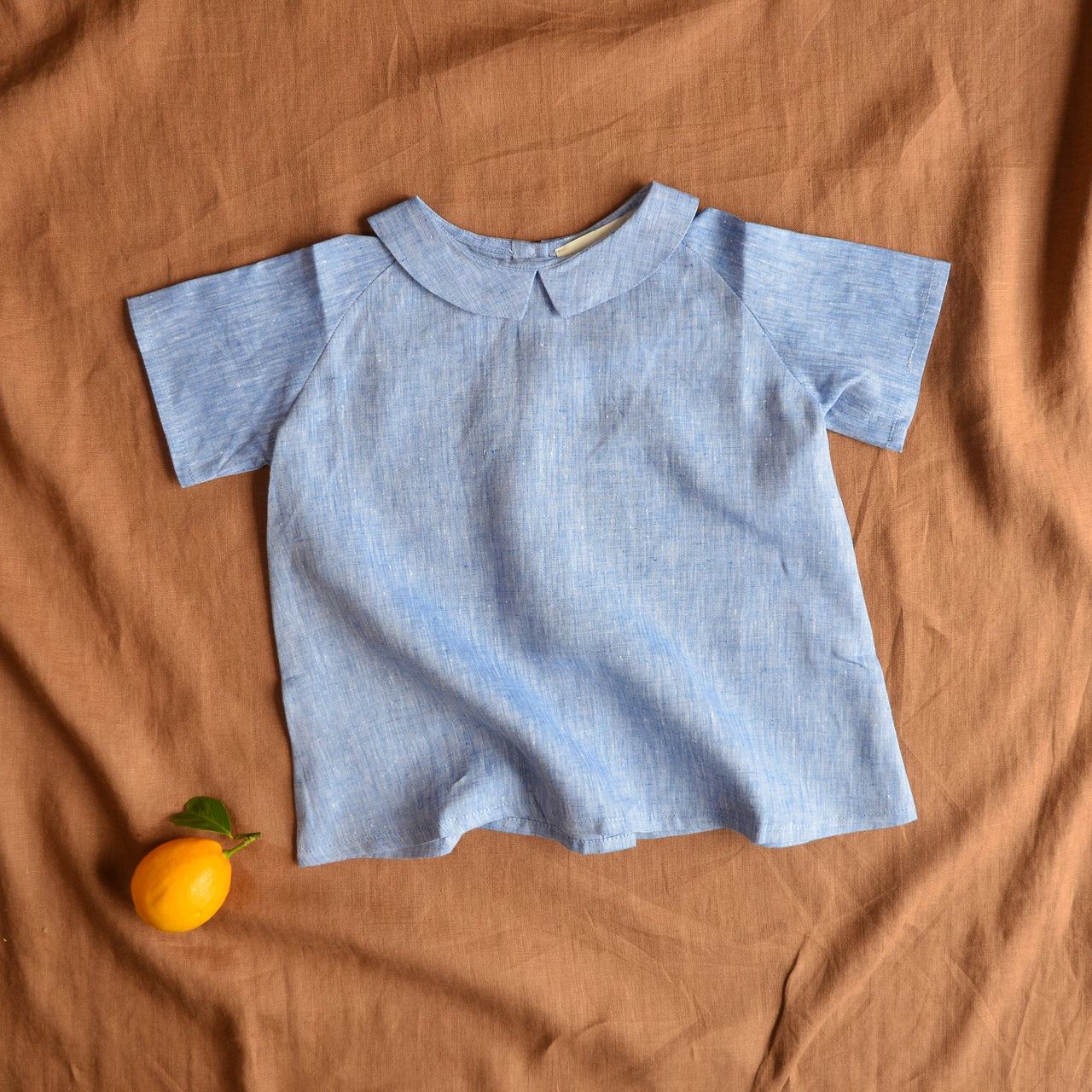 Short Sleeved Smock Top - 100% Linen - Blue Melange (6-8y) *Last One!