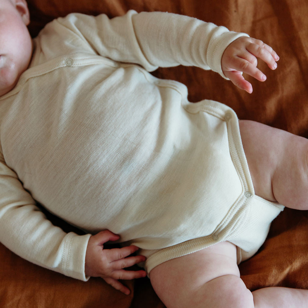 Baby Bodysuit - Organic Wool/Silk - Kimono style (0-12m)