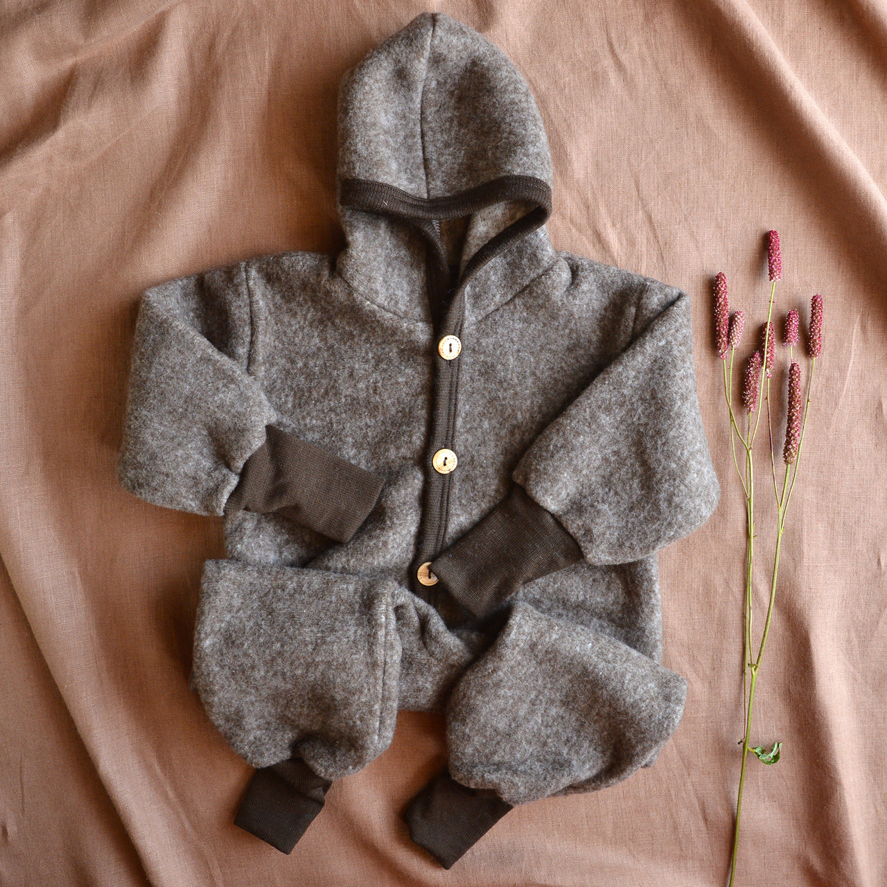 Hooded Overalls - Organic Wool/Cotton Fleece - Hazelnut Melange (6-12m) *Last One!