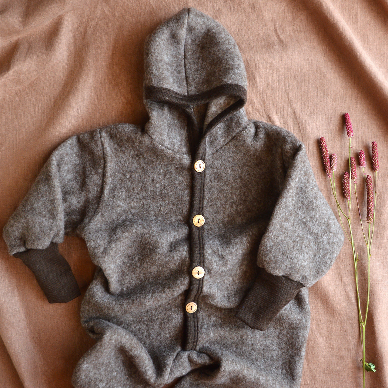 Hooded Overalls - Organic Wool/Cotton Fleece - Hazelnut Melange (6-12m) *Last One!