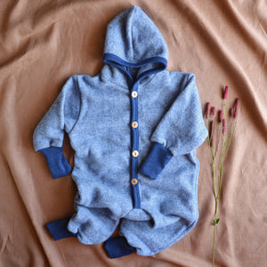Hooded Overalls - Organic Wool/Cotton Fleece - Blue Melange (6m-2y) *Last ones