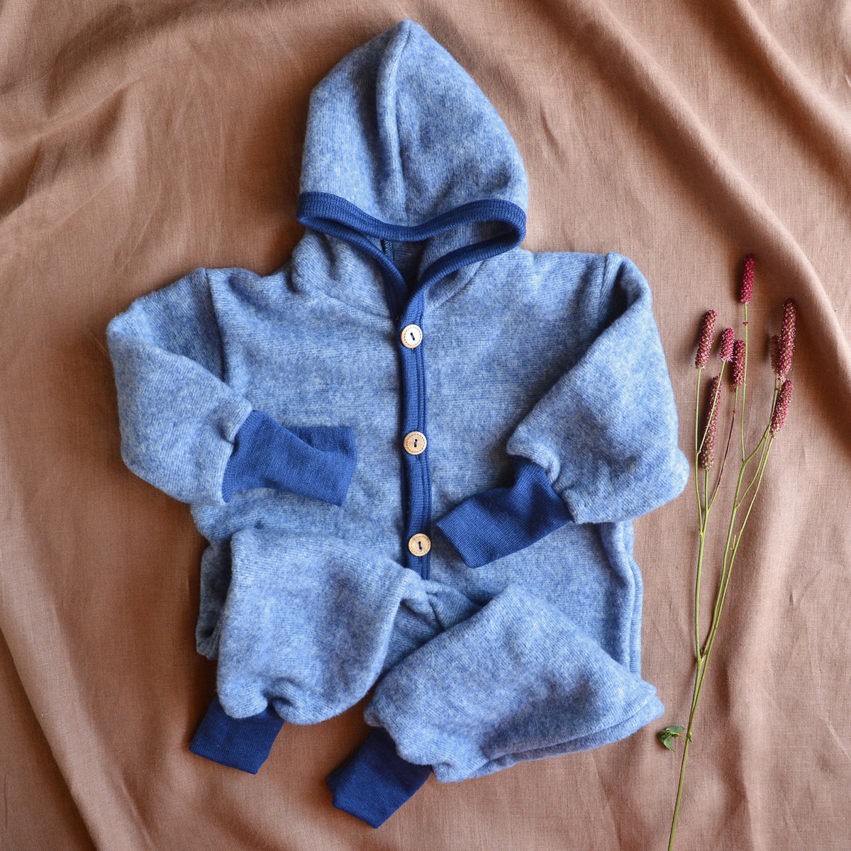 Hooded Overalls - Organic Wool/Cotton Fleece - Blue Melange (6m-3y) *Returning 2026