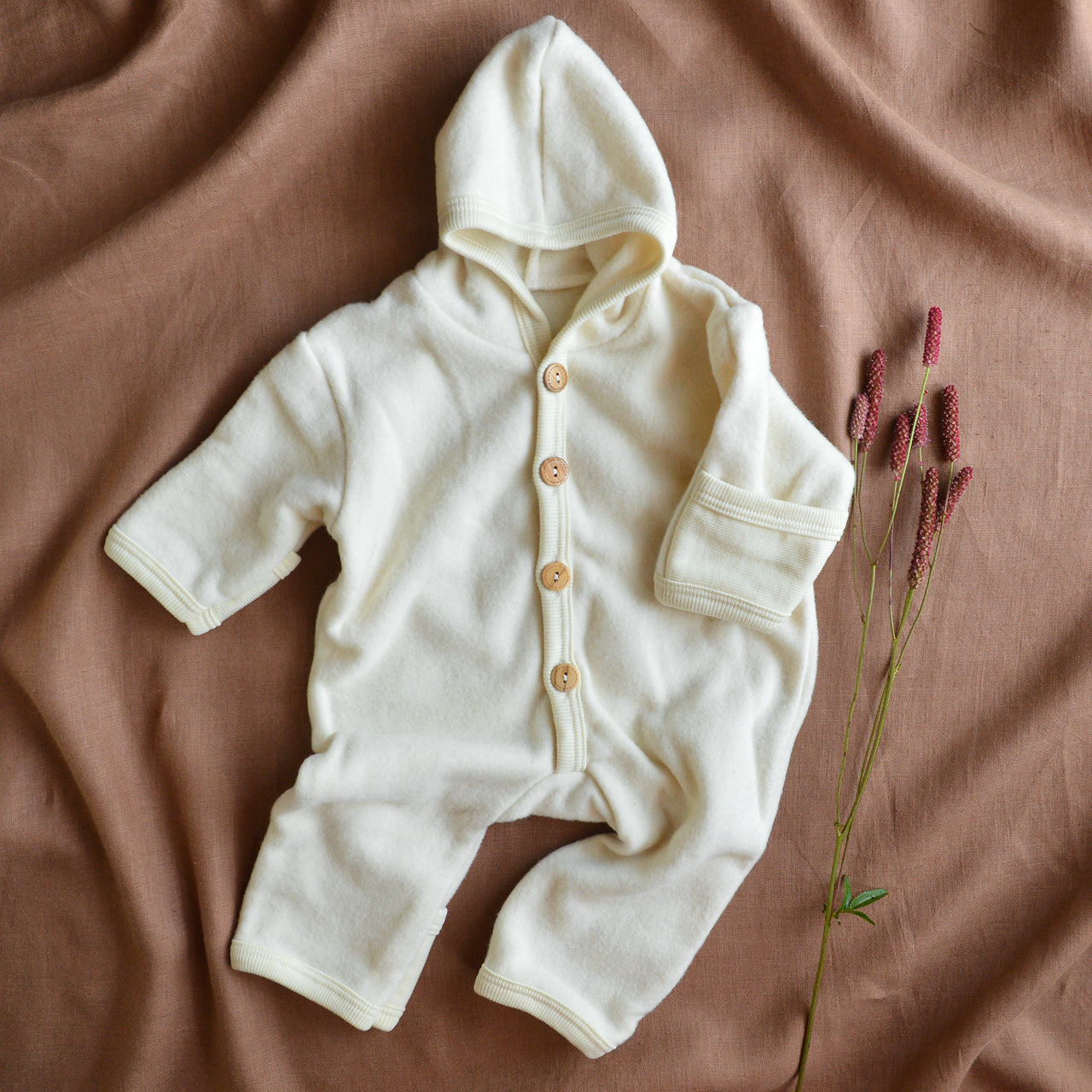 Baby Hooded Overalls - Organic Wool/Cotton Fleece - Natural (0-3m) *Last One!