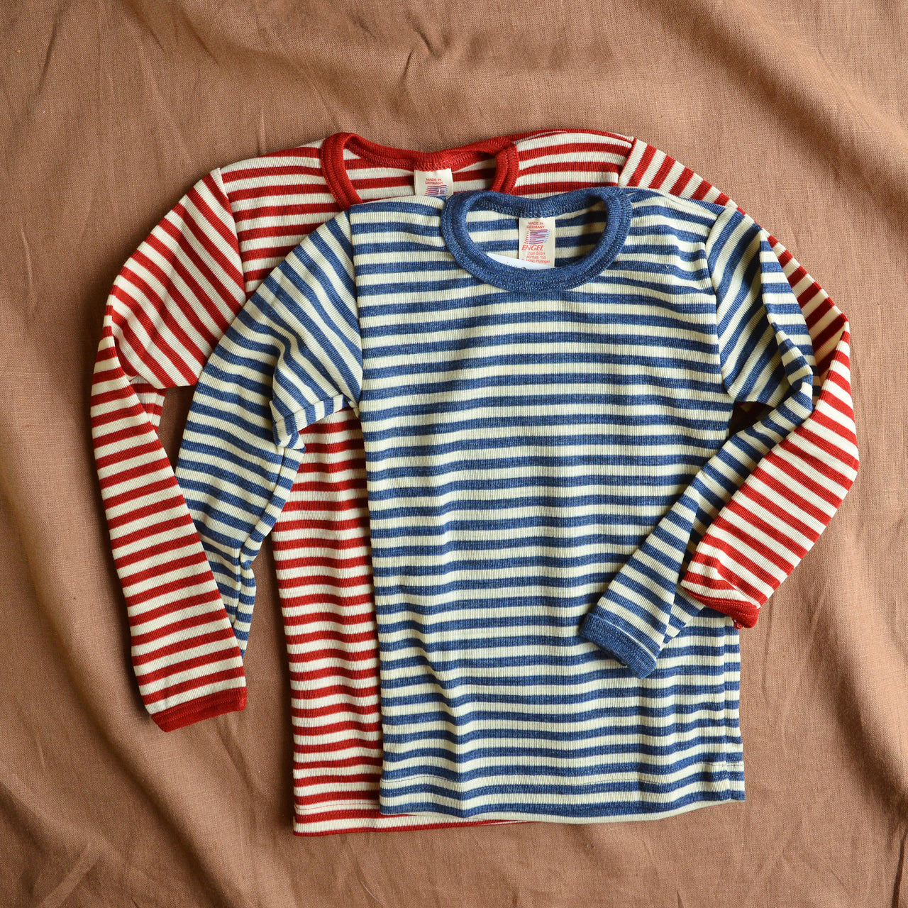 Child's Long Sleeve Top 100% Merino in Blue or Red Stripe (1-12yrs)