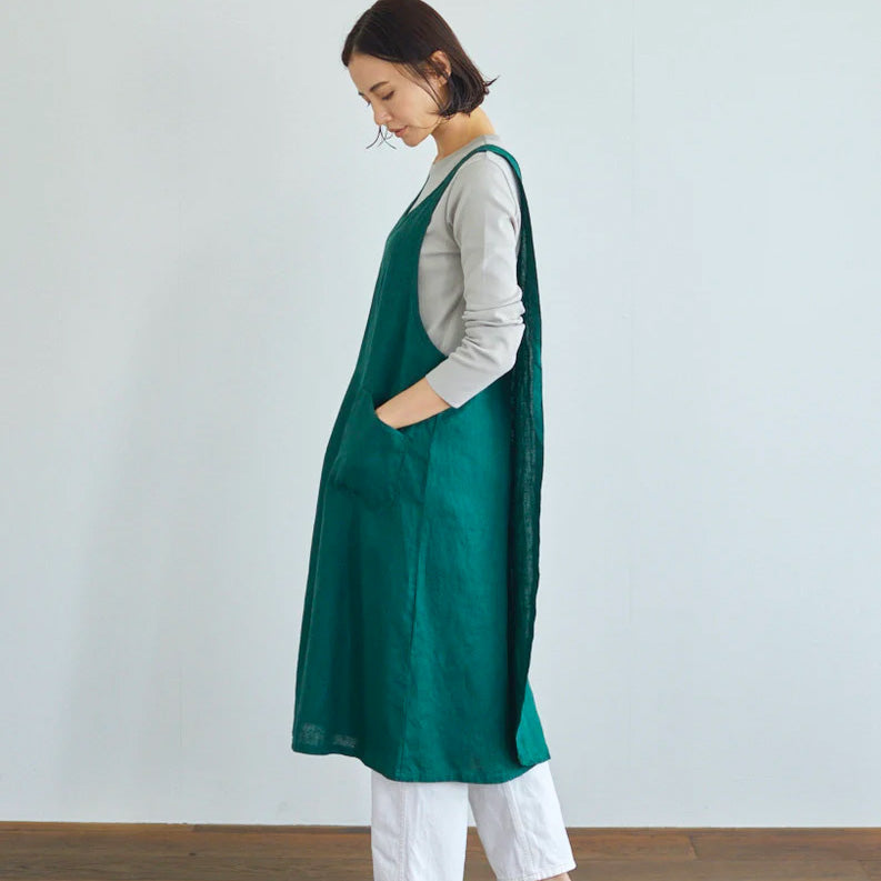 Women's Linen Cross Over Apron Dress - Natural