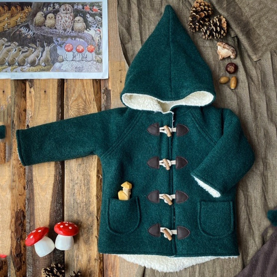 Winter Wool Coat with Pixie Hood - Forest (2-3y) *Last One!