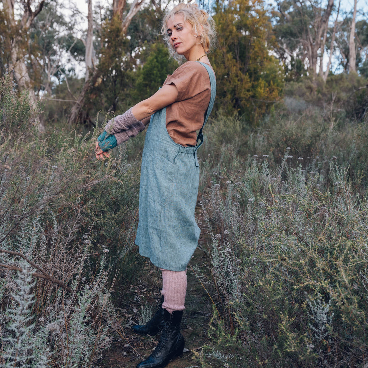 Mamiko Linen Apron Dress - SS21 Waves (L-XL only) *Last One!