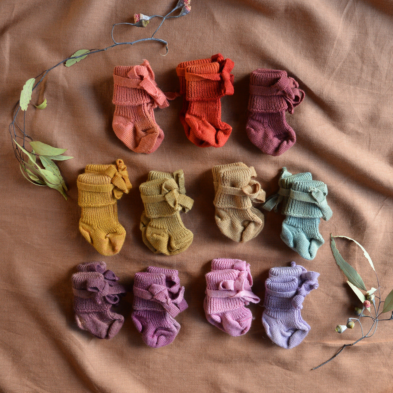 Plant Dyed Newborn Wool Baby Socks with Ties (0-3m) *Returning 2026