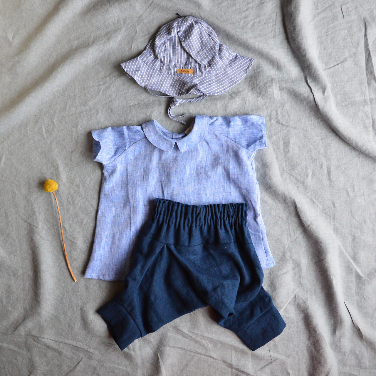 Short Sleeved Smock Top - 100% Linen - Blue Melange (6-8y) *Last One!